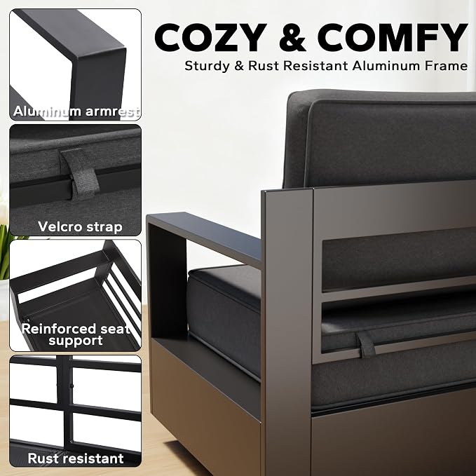 Aluminum Outdoor Conversation Furniture Set - All Weather Patio 79" Sofa with 4 Armchairs, 6" Water-Resistant Cushions & Furniture Covers & Metal Armrest for Deck Porch (Grey)