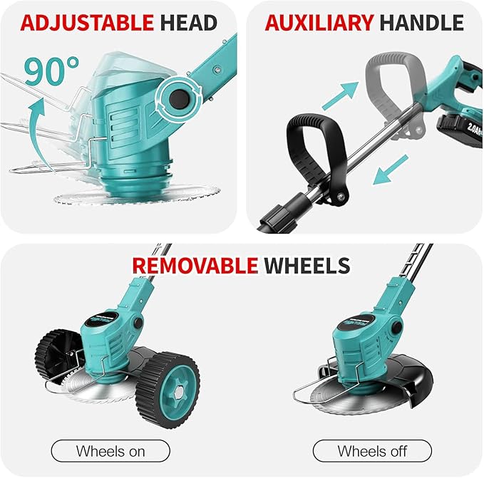 36V Electric Weed Wacker Cordless String Trimmer Battery Powered/w 2X 6.0Ah Battery and 2.0Amp Charger, Height Adjustable Wheeled，3-in-1 Grass Trimmer/Brush Cutter/Hedge Trimmer/Weed Eater