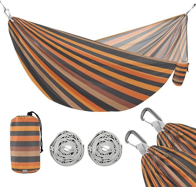 Camping Hammock Outdoor Hammocks for Outside Gray Orange Stripe Beach Trees Portable Lightweight with Pockets Tree Straps Indoor