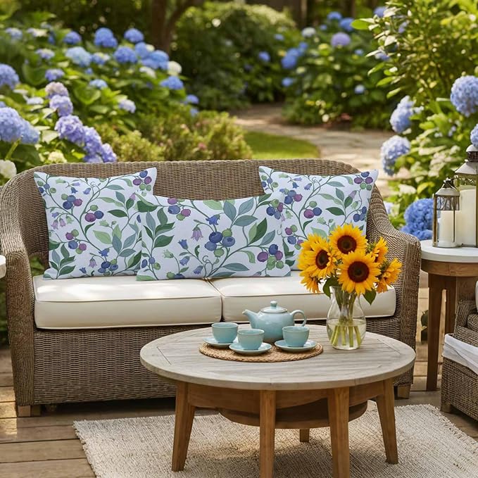 Blueberry Leaves Outdoor Pillow Covers 20"x20" Set of 2, Watercolor Blue Purple Fruit Floral Leaf Blue Waterproof Throw Pillow Covers for Patio Furniture, Decorative Cushion Covers for Porch