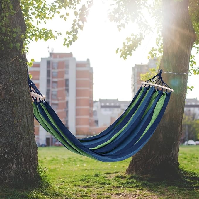 Outdoor Travel Striped Canvas Hammock Swing Bed, Extra Wide 190x100cm Portable Camping Hammock for Hiking and Backyard Relaxation