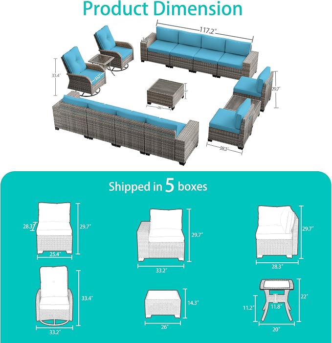 15-Piece Outdoor Patio Furniture Set with Rocking Swivel Chair Wicker Sectional Sofa Set, Patio Conversation Set with Thickened Cushions & Coffee Table for Garden, Backyard, Turquoise