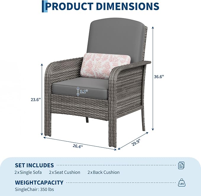 GarveeLife Patio Wicker Chairs Set of 2, Outdoor Rattan Dining Chairs with High Back & Deep Seating, All-Weather Wicker Armchairs for Deck Porch Balcony Backyard, Gray Gradient with Gray Cushions