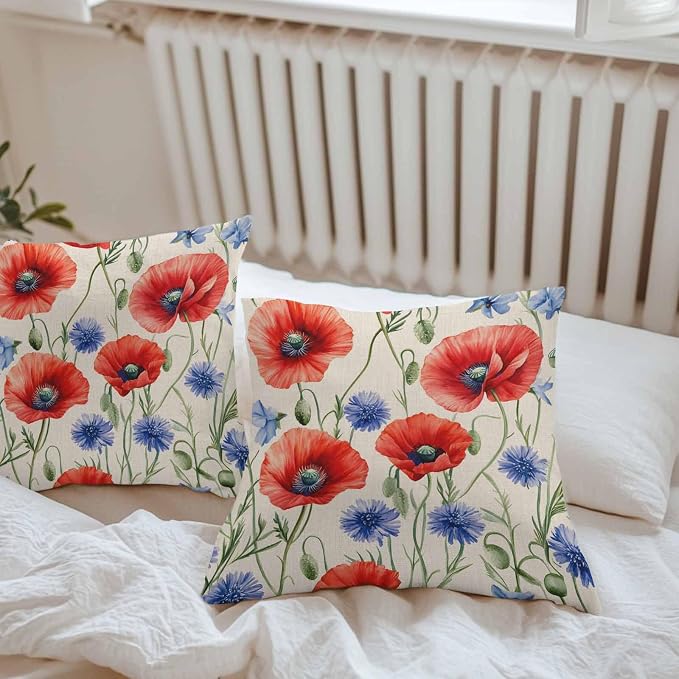 Red Blue Flowers Waterproof Outdoor Pillow Covers Set of 2 Home Decor, Patriotic Poppy Floral Summer Country Pillowcase Patio Pillow Covers for Couch Bench Furniture Garden 20x20in