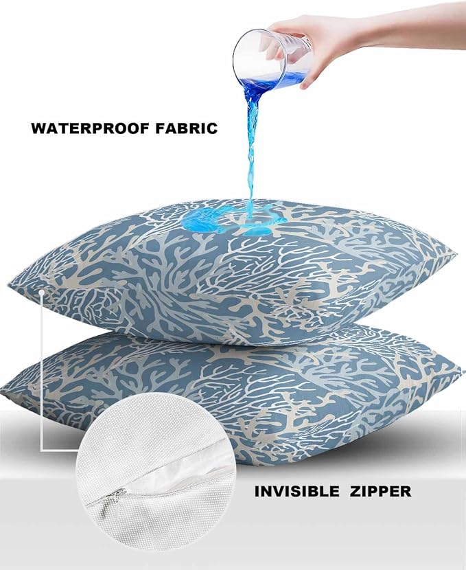 Outdoor Waterproof Throw Pillow Covers Set of 2 Teal Blue Coral Pillowcases 18x18 Inches Nautical Coastal Marine Life Patio Decorative Pillows Cushion Case Patio Pillows for Couch Bed Chair Garden