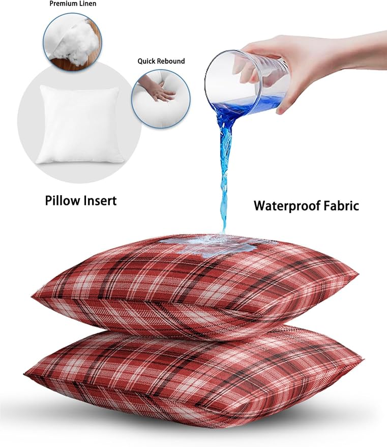 Waterproof Outdoor Pillow Set of 2 Red Checked Plaid Decorative Throw Pillows Cover & Insert 20x12 Inch Lumbar Pillowcase Stripes Woven Grid Pillows for Couch Sofa Bed Patio Furniture Indoor Outdoor