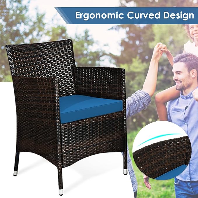 4 Pieces Patio Sofa Set, Wicker Conversation Set with Ergonomic Curved Backrest, Rattan Furniture Set with Water-Resistant Cushion & Tempered Glass Table for Balcony, Porch (Peacock Blue)