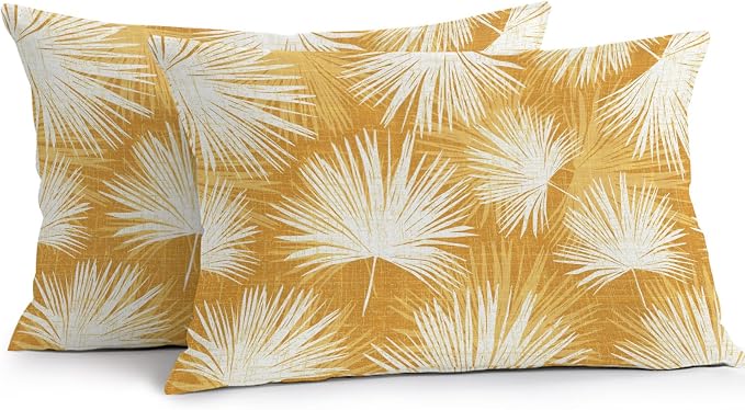 Lumbar Pillow Covers 20x12 Inch Set of 2, Golden Yellow Palm Leaves Waterproof Outdoor Pillow Covers, Summer Tropical Botanical Decorative Cushion Pillowcases for Couch, Sofa, Bed, Garden, Patio