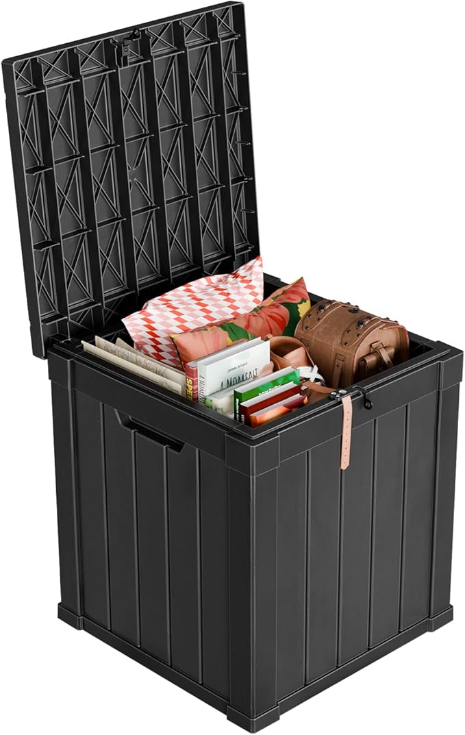 PatioZen 51 Gallon Resin Deck Box, Lockable Patio Outdoor Storage Box for Furniture, Garden Tools and Tools Storage, Waterproof Outside Storage Boxes - Black