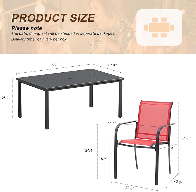 VICLLAX 7 Pieces Patio Outdoor Dining Set, 63" Rectangular Metal Dining Table with Umbrella Hole and 6 Stackable Textilene Chairs for Lawn, Garden, Porch, Black/Red