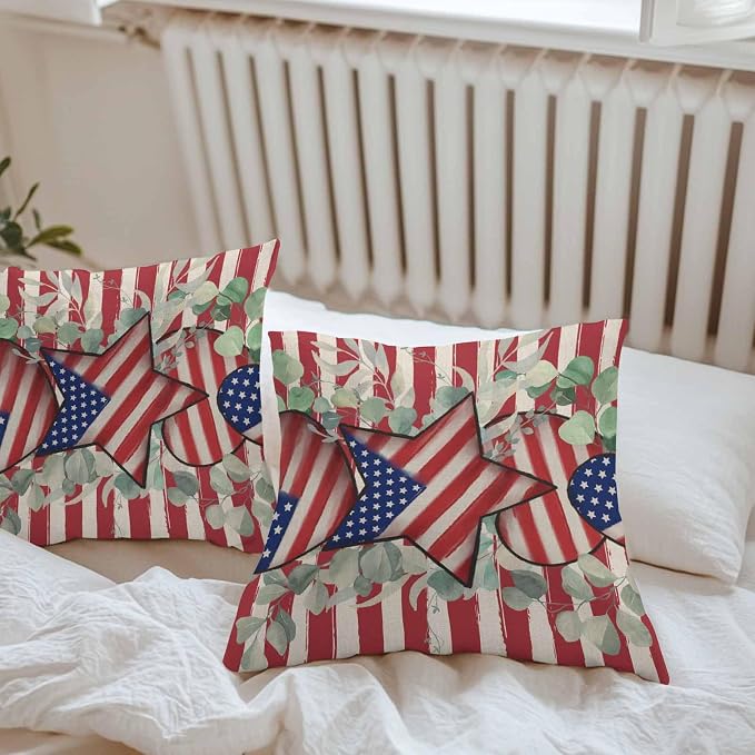 Stars Stripes Flag Waterproof Outdoor Pillow Covers Set of 2 Home Decor, Independence Day Eucalyptus Leaf Pillowcase Patio Pillow Covers for Couch Bench Furniture Garden 26x26in
