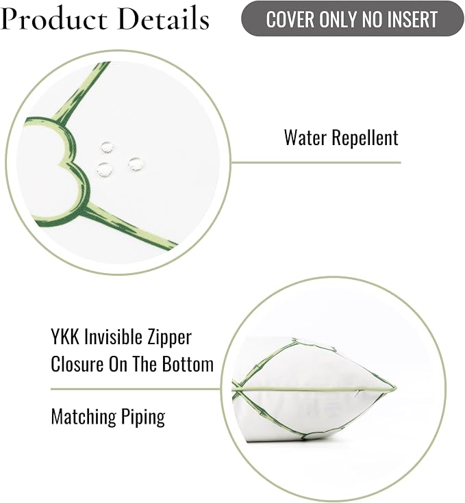 Hofdeco Premium Grandmillennial Coastal Hampton Patio Indoor Outdoor Throw Pillow Cover Only, 22"x22" Water Repellent for Backyard, Couch, Poolside, Grass Green Print Bamboo Trellis