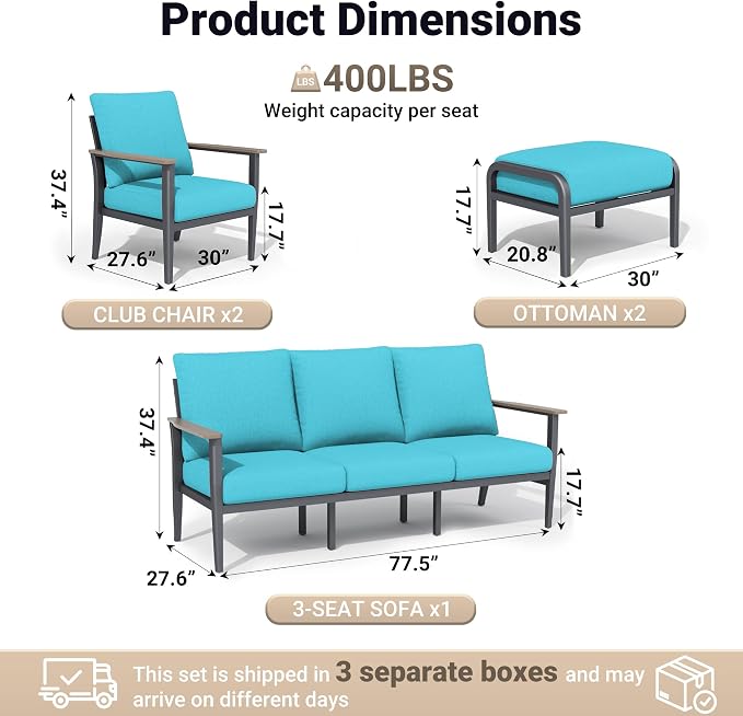 Aluminum Outdoor Patio Furniture Set, 5-Piece Outdoor Sofa with 5.1" Thick Cushions, Outdoor Couch with Ottomans, for Balcony, Porch, Blue
