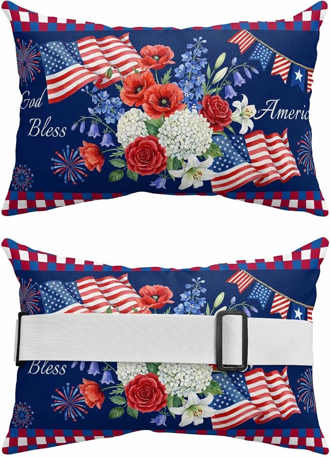 250th Anniversary Outdoor Pillows for Chaise Lounge Chair Waterproof Lumbar Pillows with Insert&Adjustable Elastic Strap Beach Headrest Pillow Independence Day Floral Navy Blue Neck Pillow 11"x16"