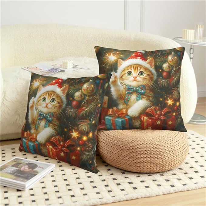 Christmas Pillow Covers 22x22 Set of 2 Adorable Cat Xmas Throw Pillow Covers Lovely Kitten Holding Sparklers Pillowcase Cotton Linen Cushion Case for Holiday Decor Sofa Couch