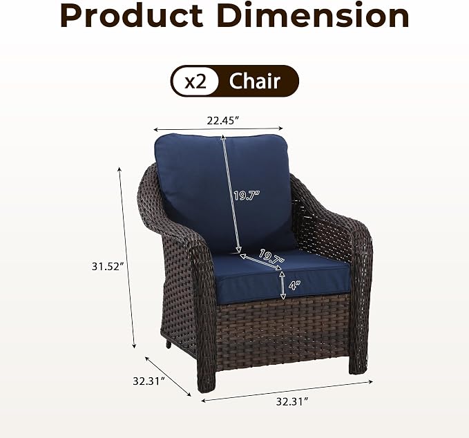 Outdoor Wicker Chair Set of 2, All-Weather Use Patio Rattan Chair with Seat and Back Cushion, Ideal for Porch, Backyard, Balcony, Poolside, Blue