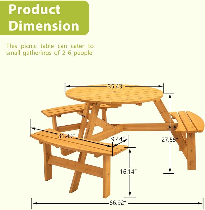 35.43'' Round Outdoor Dining Table Wooden Patio Dining Table & 3 Curved Built-in Bench for 6, 2" Umbrella Hole, Suitable for Backyard Garden Porch, Natural