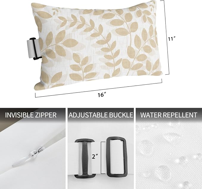 Chaise Lounge Headrest Pillow 1 Pack, Cream Leaves Waterproof Chair Pillows with Insert & Adjustable Elastic Strap for Beach Recliner, Summer Farmhouse Botanical Leaf Boho Branch Outdoor Patio Pillow