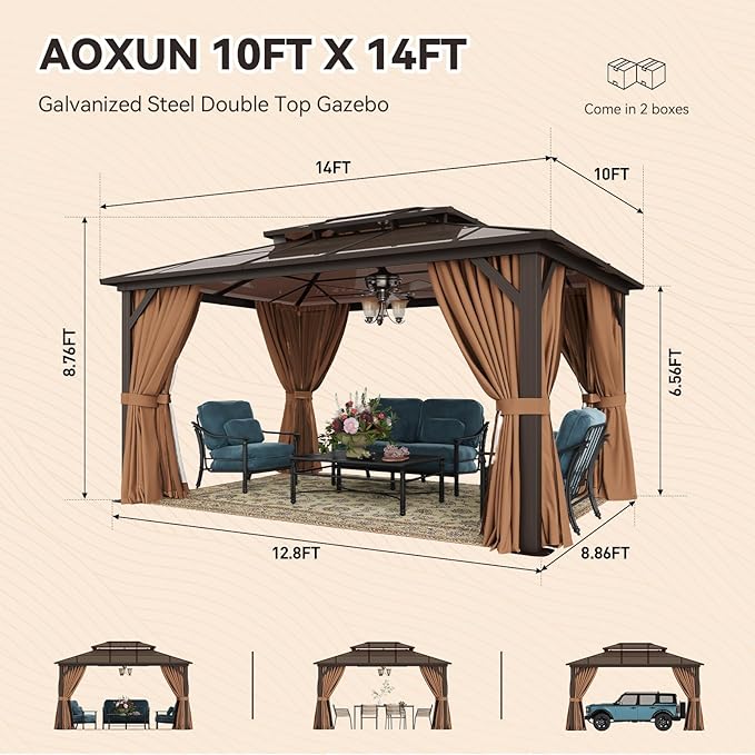 Aoxun 10'x14' Hardtop Gazebo, Outdoor Metal Gazebo with Double Polycarbonate Roof Canopy, Permanent Pavilion with Netting and Curtains for Lawn, Garden, Patio (Khaki)