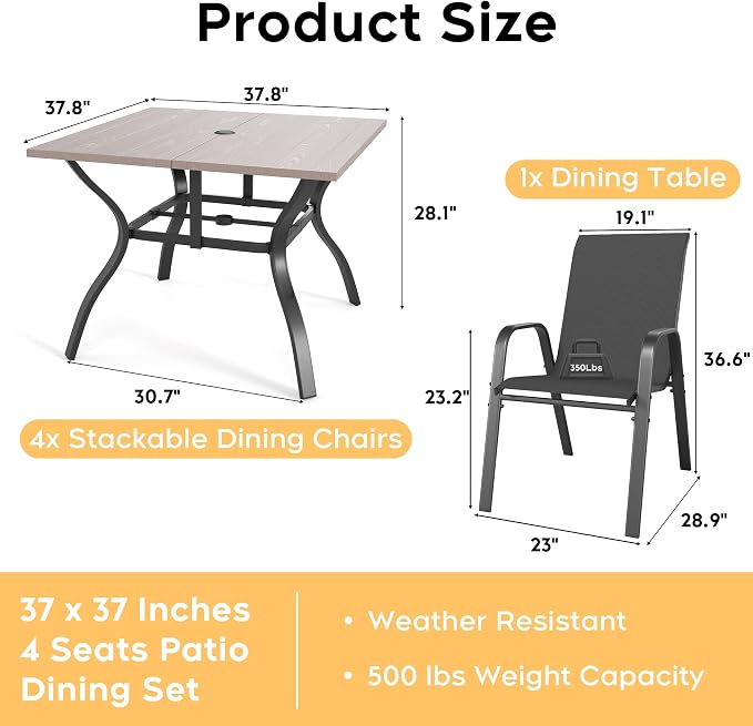 5 Pieces of Outdoor Dining Set - Square Patio Table with Umbrella Hole and 4 Stackable Dining Chairs All-Weather for Garden, Deck, and Poolside (Natural, 38“L x 38“W x 28"H Square Dining Table)
