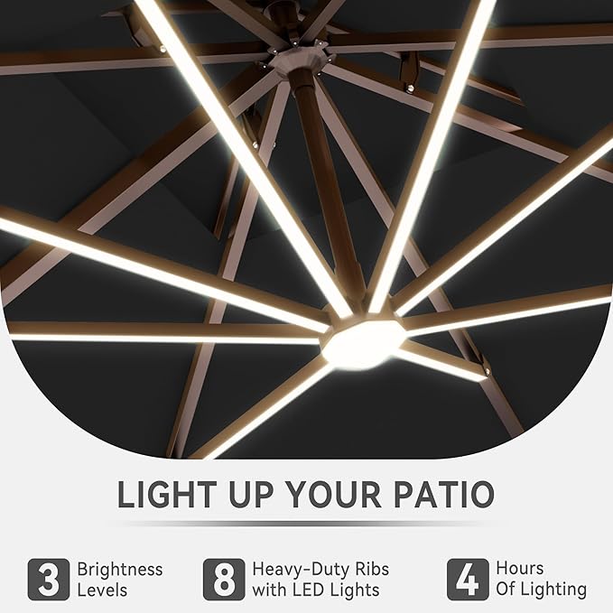 9 X 12 FT Cantilever Outdoor Patio Umbrella with Base Included Large Heavy Duty 360° Rotation Double Top Offset Rectangular Umbrellas with LED Lights for Backyard Outside Deck, Black