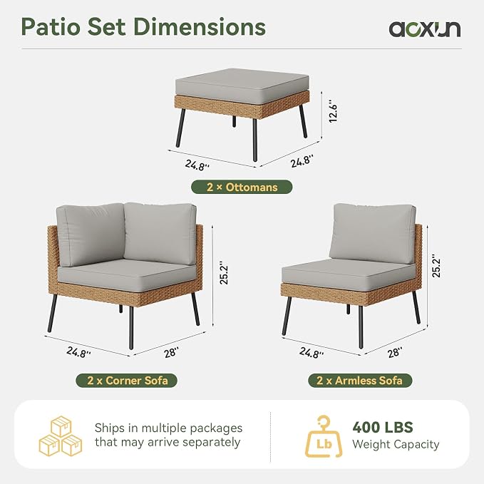 Aoxun 6 Piece Patio Furniture Set, 6 Seats Outdoor Sectional Sofas with Thick Cushion, Wicker Outdoor Patio Furniture Set with Ottomans for Party, Garden, Backyard, Grey