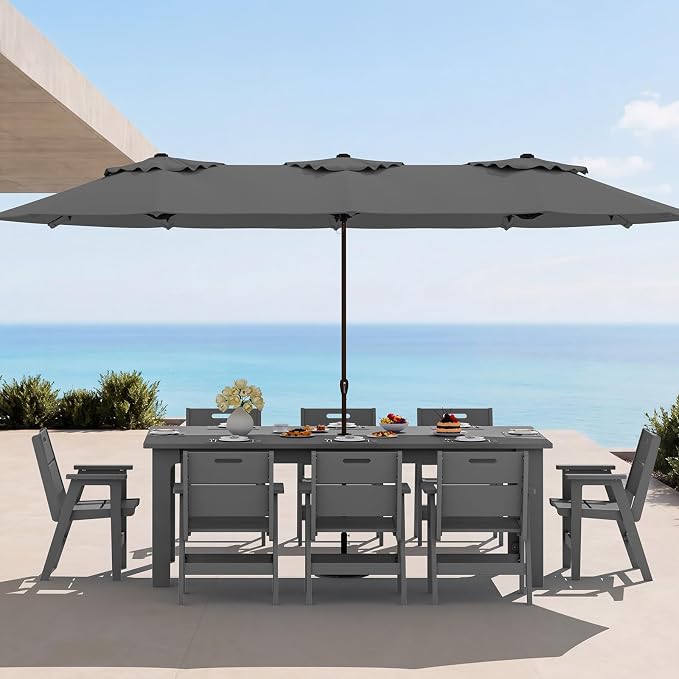 SERWALL 10-Piece Outdoor Dining Set, All-Weather HDPE Patio Furniture with 76" Rectangular Dining Table, 8 Arm Chairs & 1 15FT Umbrella (Base Not Included), Heavy Duty Patio Dining Sets, Gray