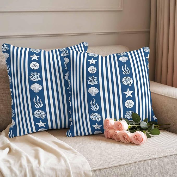 Striped Outdoor Waterproof Throw Pillow Covers Set of 2, 24"x24", Ocean Navy Blue Starfish Shell Jellyfish Coral Decorative Pillow Covers Outside Cushion Case for Patio Porch Garden