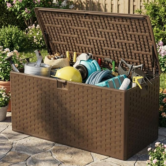 CABIHOME 99 Gallon Outdoor Resin Deck Box, Waterproof Lockable Patio Storage Bench with Handles, Large All-Weather Container for Furniture Cushions Garden Tools Pool Accessories