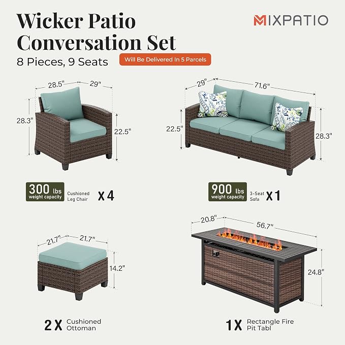 MIXPATIO Patio Furniture Set, 8 Pcs Wicker Rattan Outdoor Conversation Set, 4 x Leg Chairs, 1 x 3 Seater Sofa and 2 x Ottoman with 4" Thick Cushion and 56" Fire Pit Table, Blue