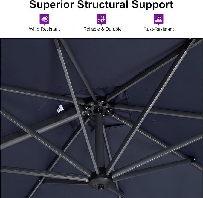 PURPLE LEAF 9' X 11.5' Cantilever Outdoor Rectangle Umbrella Patio Umbrella with Base Offset Umbrella with 360-degree Rotation for Garden Pool Deck Patio Navy Blue