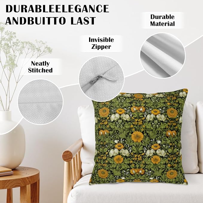 Dark Green Plant Floral Pillow Covers 16x16 Sage Green Botanical Throw Pillow Covers Fern Leaf White Orange Flowers Pillowcase Vintage Wildflower Cushion Case for Couch Sofa 2 Pack