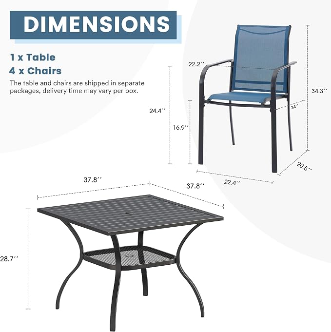 DIFY 5 Pieces Outdoor Dining Table Chair Set, Patio Dining Set with 1 Black Square Curved Legs Table with and Umbrella Hole & 4 Blue Stackable with Armrests Chairs for Lawn, Garden, Porch