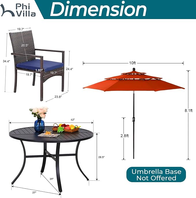 PHI VILLA 5pc Patio Dining Set with Umbrella, Round Table, Rattan Chairs | Includes 42" Round Metal Table, 4 Cushioned Rattan Chairs and 10ft Red umbrella. Perfect for patio, deck, yard, or porch