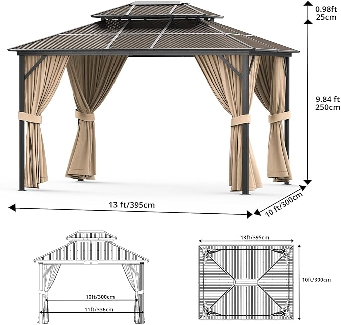 10'X13' Hardtop Gazebo, Galvanized Steel Aluminum Frame with Double Roof, Heavy-Duty Outdoor Patio Gazebo with Curtains & Netting for Backyard, Deck, Porch, Garden, Lawn, Khaki