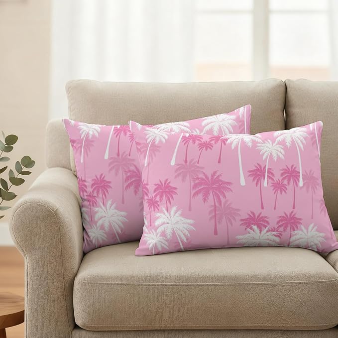 Lumbar Pillow Covers 20x12 Inch Set of 2, Tropical Palm Tree Waterproof Outdoor Pillow Covers, Magenta Pink Plants Coastal Leaf Beach Decorative Cushion Pillowcases for Couch, Sofa, Bed, Garden, Patio