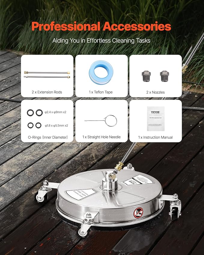 VEVOR 15 Inch Pressure Washer Surface Cleaner, 4000 PSI Stainless Steel Attachment with 4 Wheels, 2 Nozzles, 1/4 Inch Quick Connect and 2 Wands for Concrete, Patio, Deck