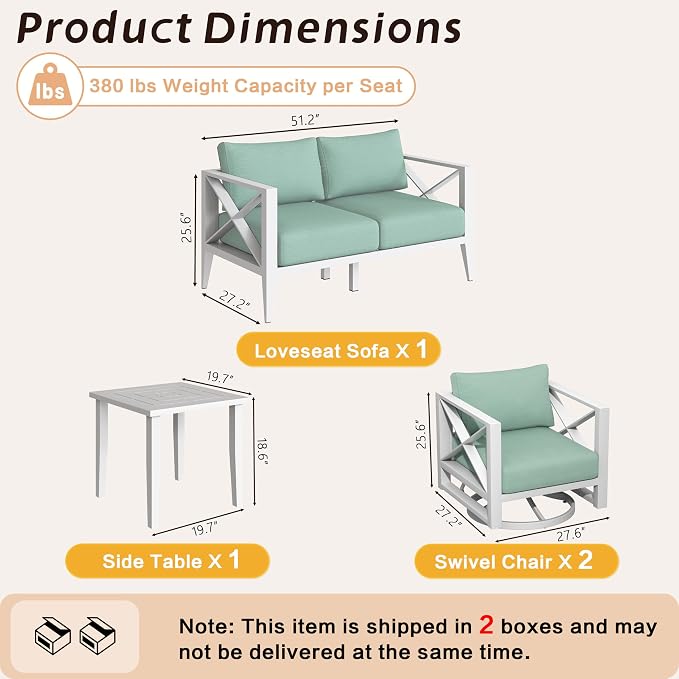 Outdoor 6-Piece Oversized Aluminum Patio Furniture Set with Swivel Rocking Chairs & Coffee Table, Weather-Resistant Deck Yard Poolside Seating-White