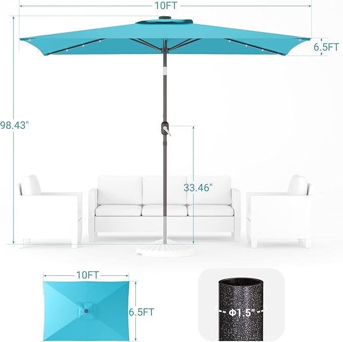 Rectangle Patio Umbrella with Solar Lights, 10 x 6.5ft Rectangular Outdoor Umbrella Table Market Patio Umbrella with Push Button Tilt and Crank for Garden, Deck, Backyard, Pool