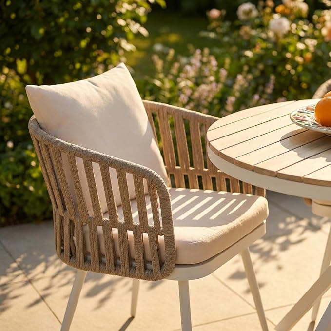 SUNSITT Patio Dining Chairs Set of 2, Outdoor Metal Dining Chairs with Woven Rope, All-Weather Patio Arm Chairs w/Cushions, Porch, Garden, White