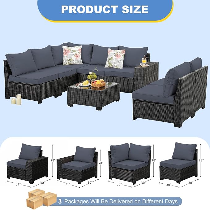8 Pieces Patio Furniture Set, Outdoor Couch Sofa with Wider Armrests & Glass Coffee Table, Outdoor Sectional Furniture with Thick Cushions for Party, Poolside,Garden-Gray