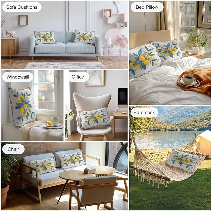 Lumbar Pillow Covers 20x12 Inch Set of 2, Yellow Blue Lemon Waterproof Outdoor Cushion Covers, Summer Botanical Farmhouse Decorative Pillowcases for Couch, Sofa, Bed, Garden, Patio