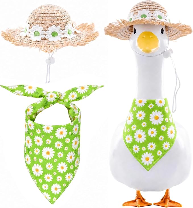 Spring Porch Goose Outfit - 2Pcs Green Daisy Flower Summer Goose Clothes with Floral Straw Hat & Bandana Bib, Lawn Garden Decor Accessories for 23 Inch Cement/Plastic Statue