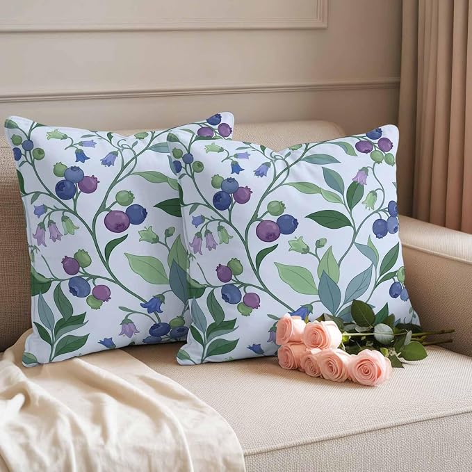 Blueberry Leaves Outdoor Pillow Covers 18"x18" Set of 2, Watercolor Blue Purple Fruit Floral Leaf Blue Waterproof Throw Pillow Covers for Patio Furniture, Decorative Cushion Covers for Porch