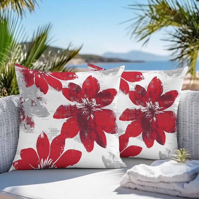 Vandarllin Outdoor Throw Pillows Covers 26x26 inch Set of 2 Waterproof Red Sunflower Decorative Zippered Cushion Covers for Patio Furniture, Flower Field Lumbar Pillowcases