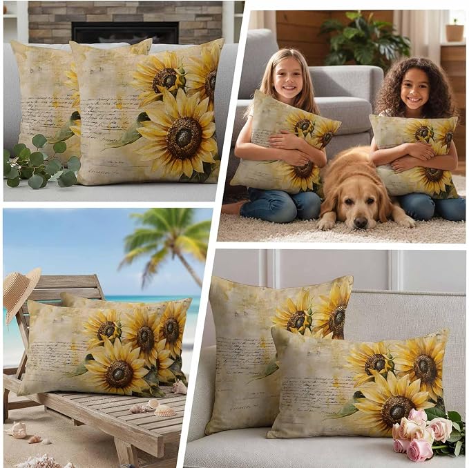 Retro Sunflower Outdoor Waterproof Throw Pillow Covers Set of 2, 20"x20", Pastoral Floral Painting Newspaper Background Decorative Pillow Covers Outside Cushion Case for Patio Porch Garden