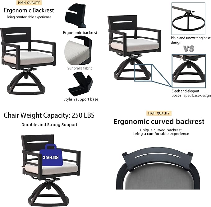 7-Piece Outdoor Patio Aluminum Furniture, 70” Rectangle Dining Table with Umbrella Hole and 6 Swivel Rockers Chairs, Modern Dining Set for Patio Backyard, Garden, Ember Black