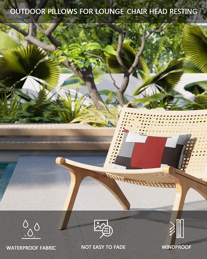 Outdoor Pillows Covers with Inserts Mid Century Absrtact Geometric Red Gery Brown Waterproof Recliner Pillow with Adjustable Strap Throw Pillows for Patio Furniture Pool Lounge Chair, 11x16 inch, 2PCS