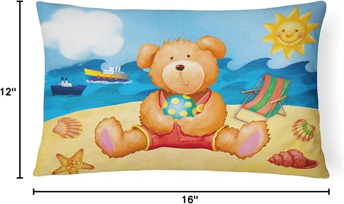 Caroline's Treasures APH0088PW1216 Teddy Bear on The Beach Canvas Fabric Decorative Pillow Machine Washable, Indoor Outdoor Decorative Pillow for Couch, Bed or Patio, 12HX16W