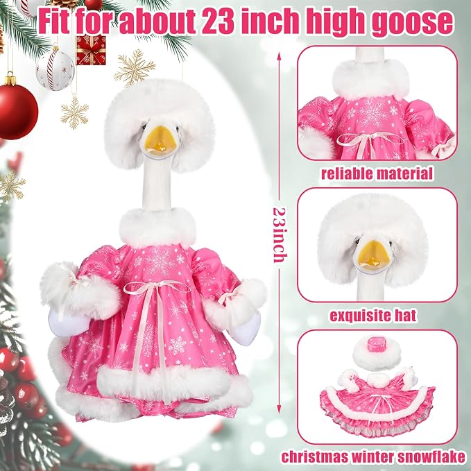 Suzile Pink Christmas Porch Goose Outfit Clothes for 23" High Cement or Plastic Goose Costume for Yard Lawn Outdoor Garden Patio Geese Statue Dresses Winter Xmas Santa Holiday Decor